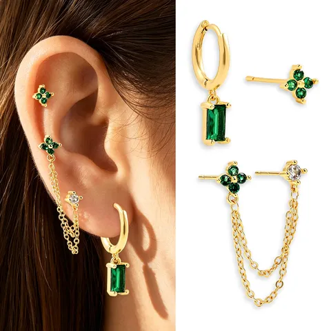 Brass 18K Gold Plated Clover Stud Hoop Earrings Combo Geometric Link Chain Rhinestone Pendants Earrings For Women Jewelry