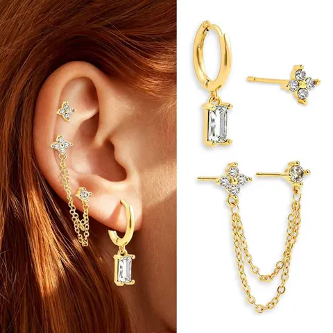 Brass 18K Gold Plated Clover Stud Hoop Earrings Combo Geometric Link Chain Rhinestone Pendants Earrings For Women Jewelry