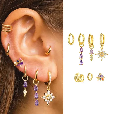 18K Gold Plated Copper Tassel Flower Earring Collection Purple Zirconia Ear Bone Clips Planet Drop Earrings For Women Jewelry Gift
