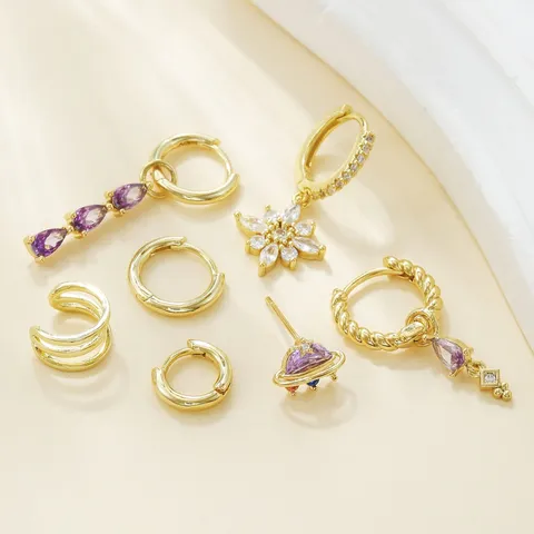 18K Gold Plated Copper Tassel Flower Earring Collection Purple Zirconia Ear Bone Clips Planet Drop Earrings For Women Jewelry Gift