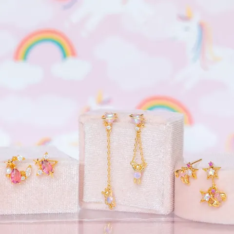 Pink Bear Zirconia Stud Earrings For Women Brass Star Moon Saturn Dangle Earrings 925 Sterling Silver Post Jewelry Gift