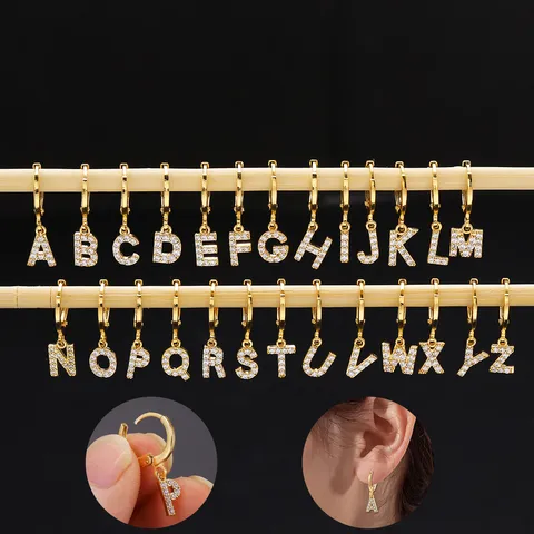 Moda Latón Chapado en Oro de 18K Pendientes de Aro Letra Diamante de Imitación Inicial Huggie Pendientes Colgantes Uso Diario Fiesta Joyería Regalo Mujer