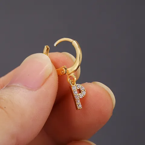 Moda Latón Chapado en Oro de 18K Pendientes de Aro Letra Diamante de Imitación Inicial Huggie Pendientes Colgantes Uso Diario Fiesta Joyería Regalo Mujer