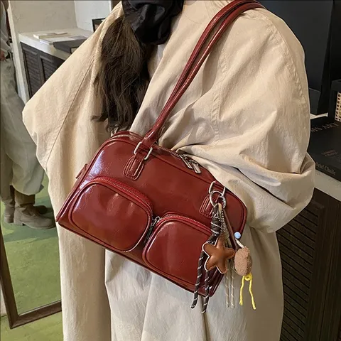 Sac à Aisselle en Cuir PU Rétro Vintage pour Femmes Grand Format Sac Bowling Couleur Unie Sac Bandoulière Décontracté