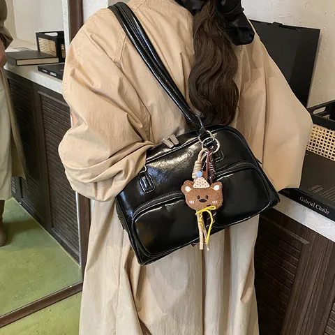 Sac à Aisselle en Cuir PU Rétro Vintage pour Femmes Grand Format Sac Bowling Couleur Unie Sac Bandoulière Décontracté