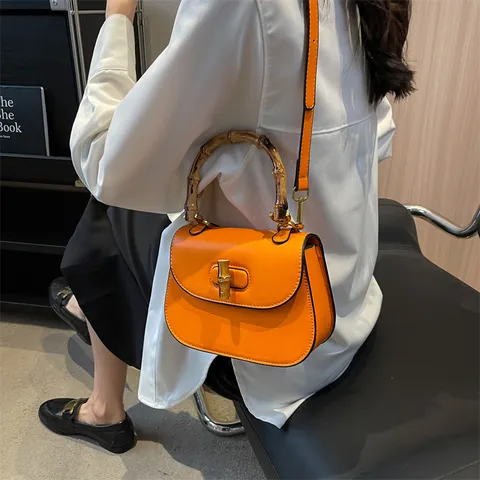 Mujeres Vintage PU Cuero Bolso de Silla Asa de Bambú Tote Bolso Cruzado Moda Casual Bolso de Mano