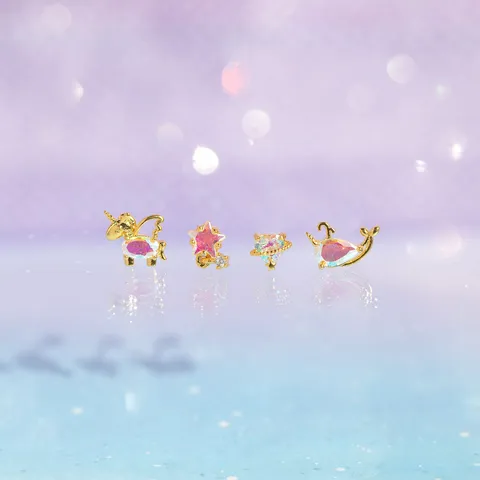 Pendientes de Botón de Latón Chapado en Oro Con Strass Multicolor Con Poste de Plata de Ley 925 Lindo Unicornio Delfín Corazón Animal Pendientes para Fiesta Mujer Joyería Regalo