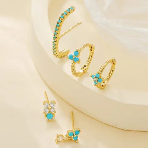 Frisch Süß Kupfer Plattiert Blume Ohrringe Set Mit 925 Sterling Silber Ohrstecker-Stift Gold Silber Strass Blau Kleine Blumen Ohrringe Schmuck Set Für Damen Party Geschenk