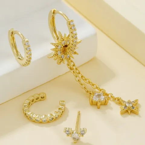 Boucles d'Oreilles Vintage en Laiton Plaqué Or 18K Zirconia Étoile à Huit Branches Ensemble de Boucles d'Oreilles pour Femme
