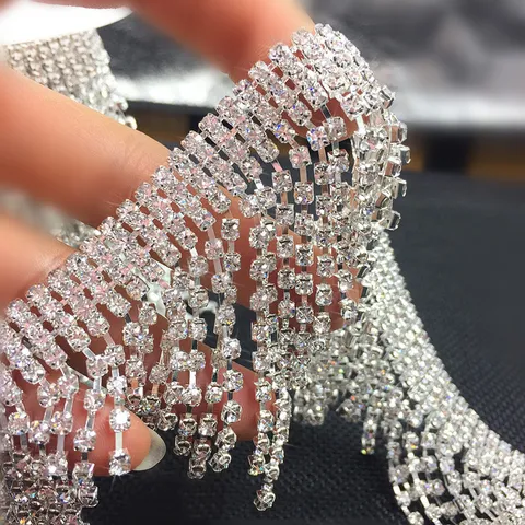 Garniture de Chaîne de Strass en Verre Cristal Pour Couture DIY Vêtements Artisanat Métal Argenté Chaîne de Diamant Brillante Rouleau