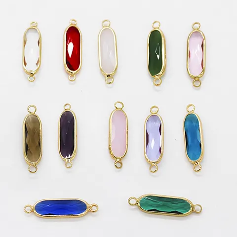 Long Oval Alloy Double Loop Connector Charms DIY Jewelry Making Accessories For Bracelet Earring Glass Inlaid Gold Plated Pendants