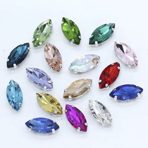 Marquise Glas Aufnähbare Strasssteine Mit Kupfer Kralle Echt Silber Plattiert Funkelnd Kristall Basis Einstellungen Stoff Zubehör Für Hochzeitskleid Kleidung Kragen DIY Handwerk Materialien