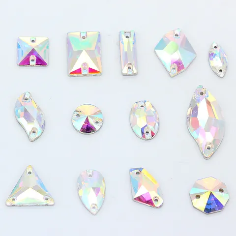 AB Iridescent Glass Sew On Rhinestones Flatback Double Hole Sewing Crystals For Wedding Dress Clothes Shoes DIY Crafts