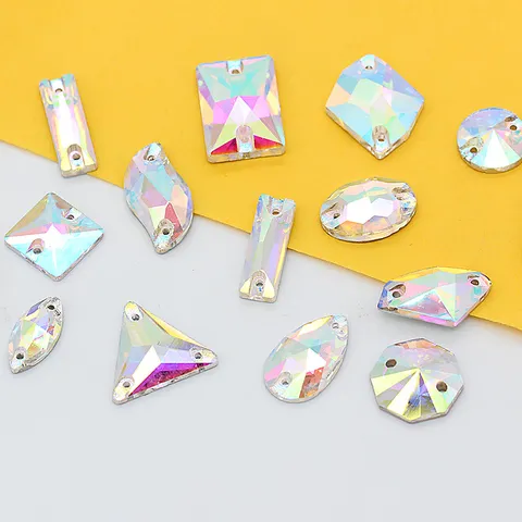 AB Iridescent Glass Sew On Rhinestones Flatback Double Hole Sewing Crystals For Wedding Dress Clothes Shoes DIY Crafts