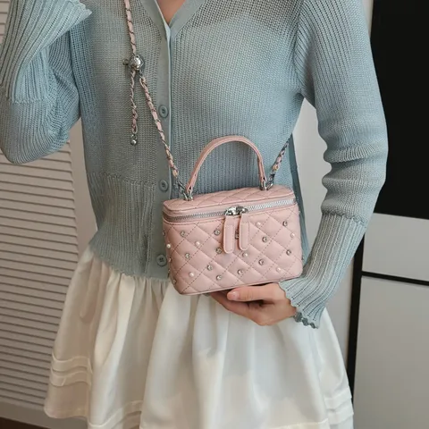 Sac Bandoulière Chaîne Matelassé Mode Femmes Luxe Cuir PU Vanity Box Poignée Supérieure Strass Perle Décor