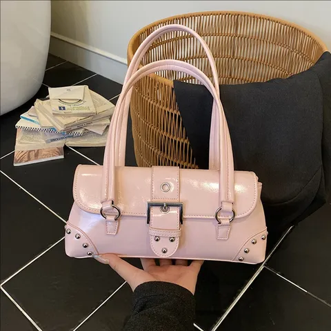Bolso de Hombro de Cuir PU de Tendencia para Mujer Retro Remache Hebilla de Cinturón Bolso Chic Estilo Y2K