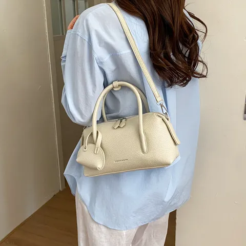 Women Fashion Litchi Pattern Boston Bag PU Leather Top Handle Crossbody Shoulder Bag Casual Daily Pillow Shaped Handbag