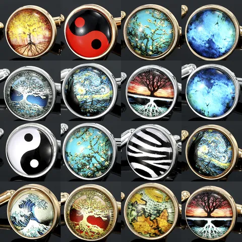 Vintage Alloy Glass Time Gem Cufflinks Tree Of Life World Map Pattern Men Business Suit Accessory Decorative Cuff Links