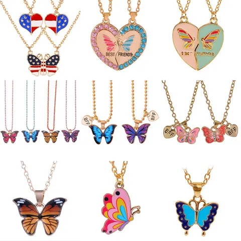 Fashion Bohemian Alloy Colorful Butterfly Pendant Necklace BFF Best Friends Rhinestone Heart Choker Jewelry For Women Gift