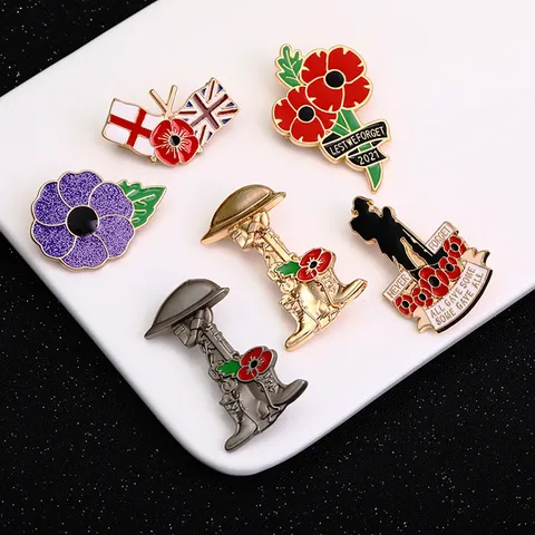 Memorial Alloy Brooch Enamel Poppy Flower Purple Flower British Flag Military Memorial Badge Fashion Jewelry Gift