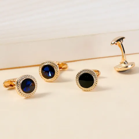 Boutons de Manchette Français pour Hommes Ronds Plaqué Or Argent Strass Bleu Noir Affaires Mariage Chemise Boutons de Manchette Bijoux Cadeau