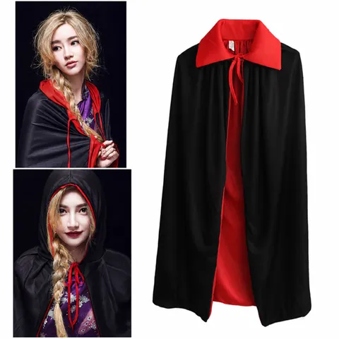 Halloween Kids Adults Double Sided Cloak Reversible Black Red Cape Hooded Stand Collar Cosplay Costume Party Apparel