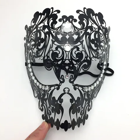 Halloween Masquerade Full Face Skull Metal Iron Mask Rhinestone Party Cosplay Costume Prop