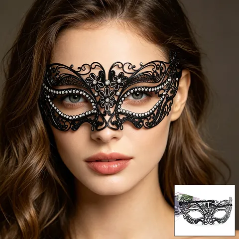 Venetian Masquerade Metal Rhinestone Half Face Mask Women Eye Mask Halloween Party Stage Performance Costume Prop