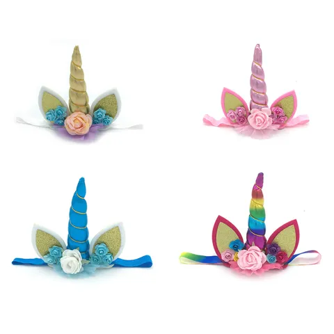 Children Unicorn Headband Birthday Party Hair Hoop Glitter Gold Horn Floral Hair Band Kids Party Hair Accessories Gift