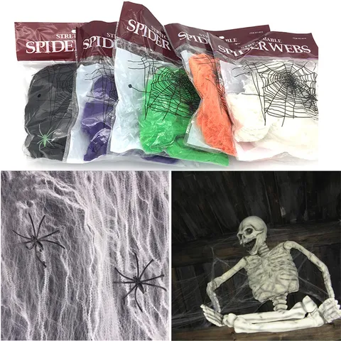 Halloween Spider Web Decorations Stretchable Fake Spider Cotton With Plastic Spiders For Haunted House Party Props