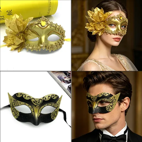 Halloween Masquerade Party Mask Couple Set Retro Half Face Painted Flower Lace Eye Mask For Adults Cosplay Festival Props