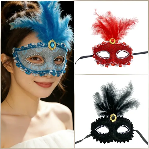 Cute Princess Feather Mask Half Face Lace Masquerade Mask Party Performance Photography Supplies Rhinestone Decoration