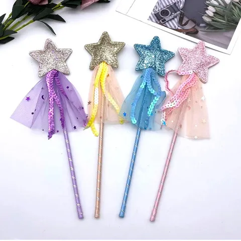 Baguette Magique de Princesse pour Enfants Paillettes Maille Étoile Masquerade Cosplay Costume Accessoires de Fête