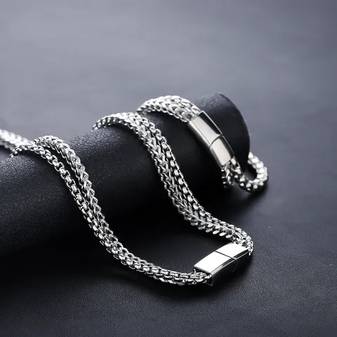Collier Pendentif Double Rang Cubain pour Homme Ensemble Acier Titane Alliage Chaîne Torsadée Géométrique Bijoux Hip Hop Électroplaqués Colliers