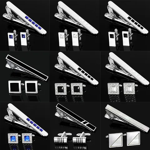 Men Business Alloy Tie Clip Cufflinks Set Silver Gold Rhinestone Striped Geometric Suit Shirt Accessories Luxury Formal Wedding Cuff Links Tie Bar Set