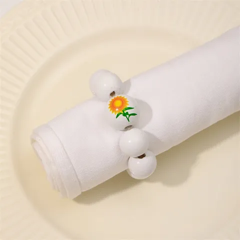 Rustic Wooden Bead Sunflower Napkin Rings Handmade Wood Beads Napkin Buckles For Wedding Hotel Dinner Table Decoration