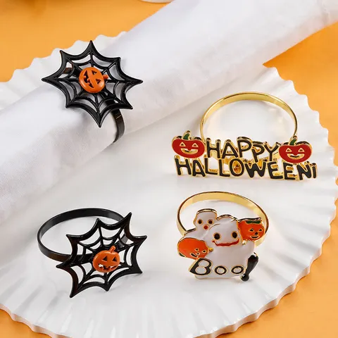 Halloween Alloy Napkin Rings Creative Spider Web Pumpkin Ghost Pattern Decorative Table Metal Serviette Rings For Festive Banquet Decor