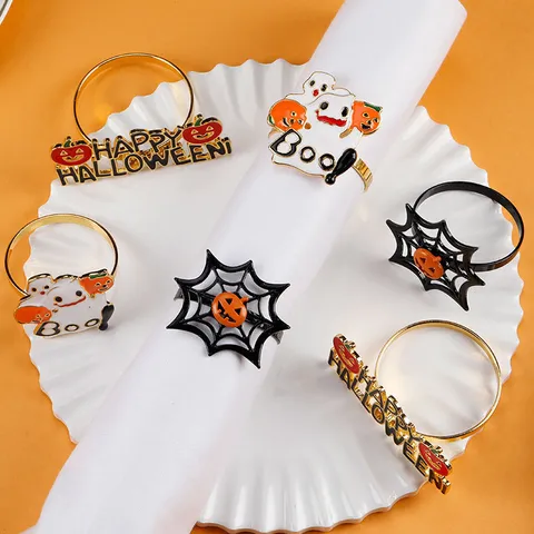 Halloween Alloy Napkin Rings Creative Spider Web Pumpkin Ghost Pattern Decorative Table Metal Serviette Rings For Festive Banquet Decor