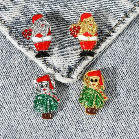 Creative Christmas Brooch Cartoon Santa Claus Christmas Tree Alloy Enamel Brooch Pin Red Rhinestone Badge Festival Party New Year Jewelry Gift For Women Men