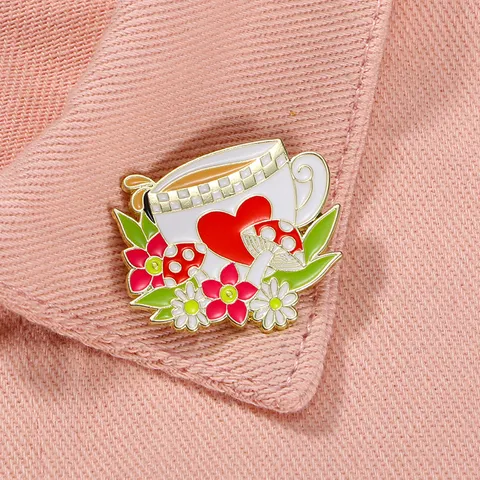 Cute Cartoon Alloy Enamel Brooch Pin Colorful Teacup Heart Mushroom Badge Lapel Pin For Clothes Scarf Decoration Gift Women Men Jewelry
