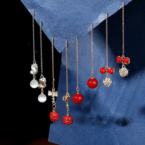 Elegant Alloy Rhinestone Long Tassel Drop Earrings For Women Fashion Geometric Bowknot Star Moon Ear Line Dangle Earrings Banquet Party Jewelry Gift