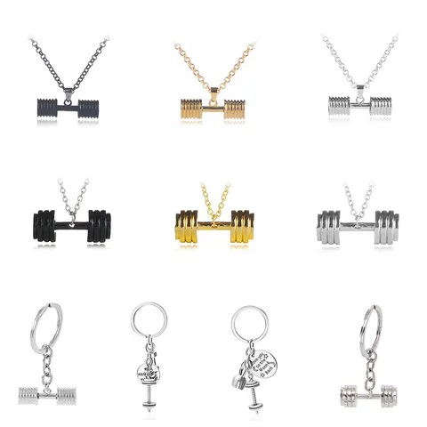 Geometric Barbell Pendant Necklace Sporty Fitness Dumbbell Keychain Alloy Electroplated Jewelry For Men Women Daily Sports Gift