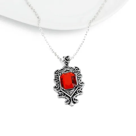 Vintage Alloy Rhinestone Angel Pendant Necklace Silver Color Carved Red Geometric Jewel Sweater Chain For Unisex Everyday Jewelry Gift