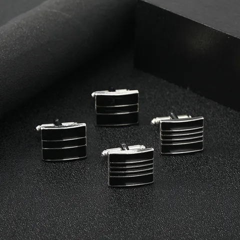 Minimalist Alloy Enamel Square Cufflinks For Men Silver Black Geometric Stripe French Shirt T-Bar Cuff Links Formal Business Jewelry