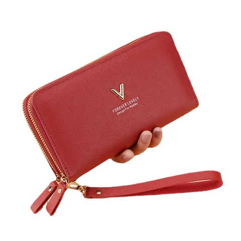 Women Double Zipper Long Wallet PVC Large Capacity Phone Pouch Clutch Bag With Wristlet Strap Card Holder Daily Fashion Purse