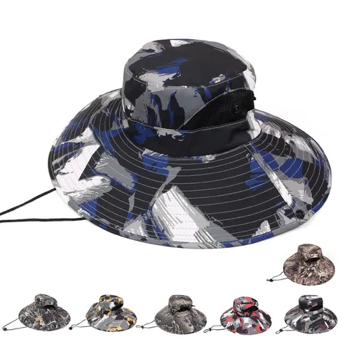 Unisex Camouflage Outdoor Wide Brim Bucket Hat Breathable Mesh Cotton Blend Windproof Rope Adjustable Sunshade Fishing Hiking Sun Hat