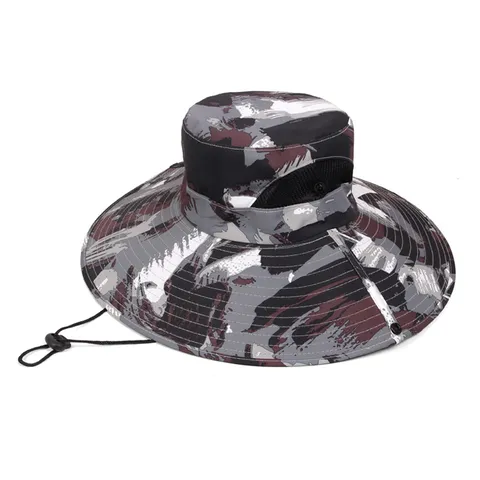Unisex Camouflage Outdoor Wide Brim Bucket Hat Breathable Mesh Cotton Blend Windproof Rope Adjustable Sunshade Fishing Hiking Sun Hat