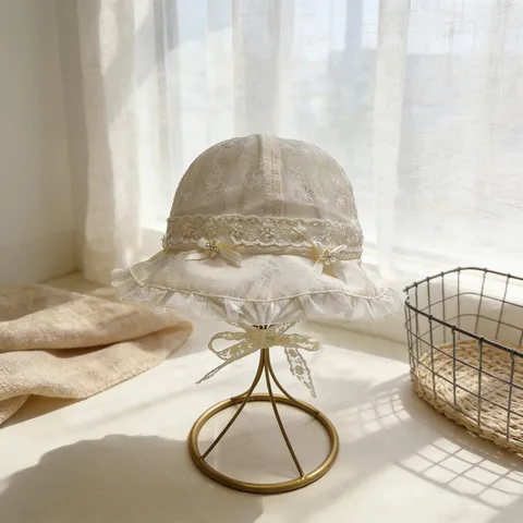 Sweet Cute Girls Polyester Mesh Bucket Hat Lace Edge Bowknot Flower Decoration Lightweight Breathable Kids Sunshade Fisherman Hat For Outdoor Travel