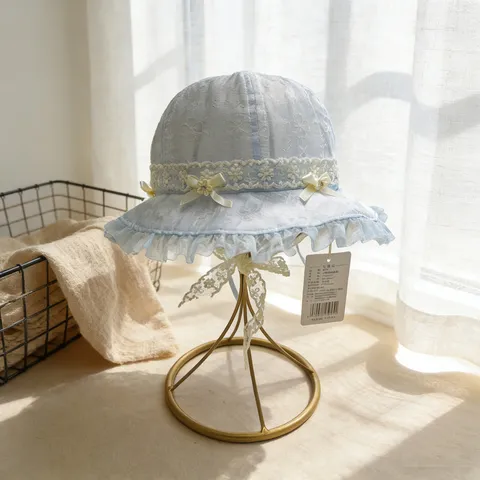 Sweet Cute Girls Polyester Mesh Bucket Hat Lace Edge Bowknot Flower Decoration Lightweight Breathable Kids Sunshade Fisherman Hat For Outdoor Travel