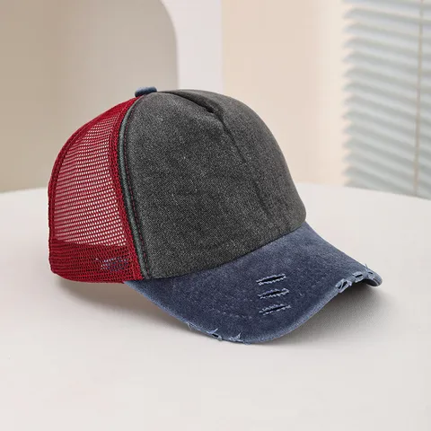 Unisex Vintage Washed Distressed Baseball Cap Color Block Breathable Mesh Trucker Hat Distressed Ripped Snapback Sun Visor Hat